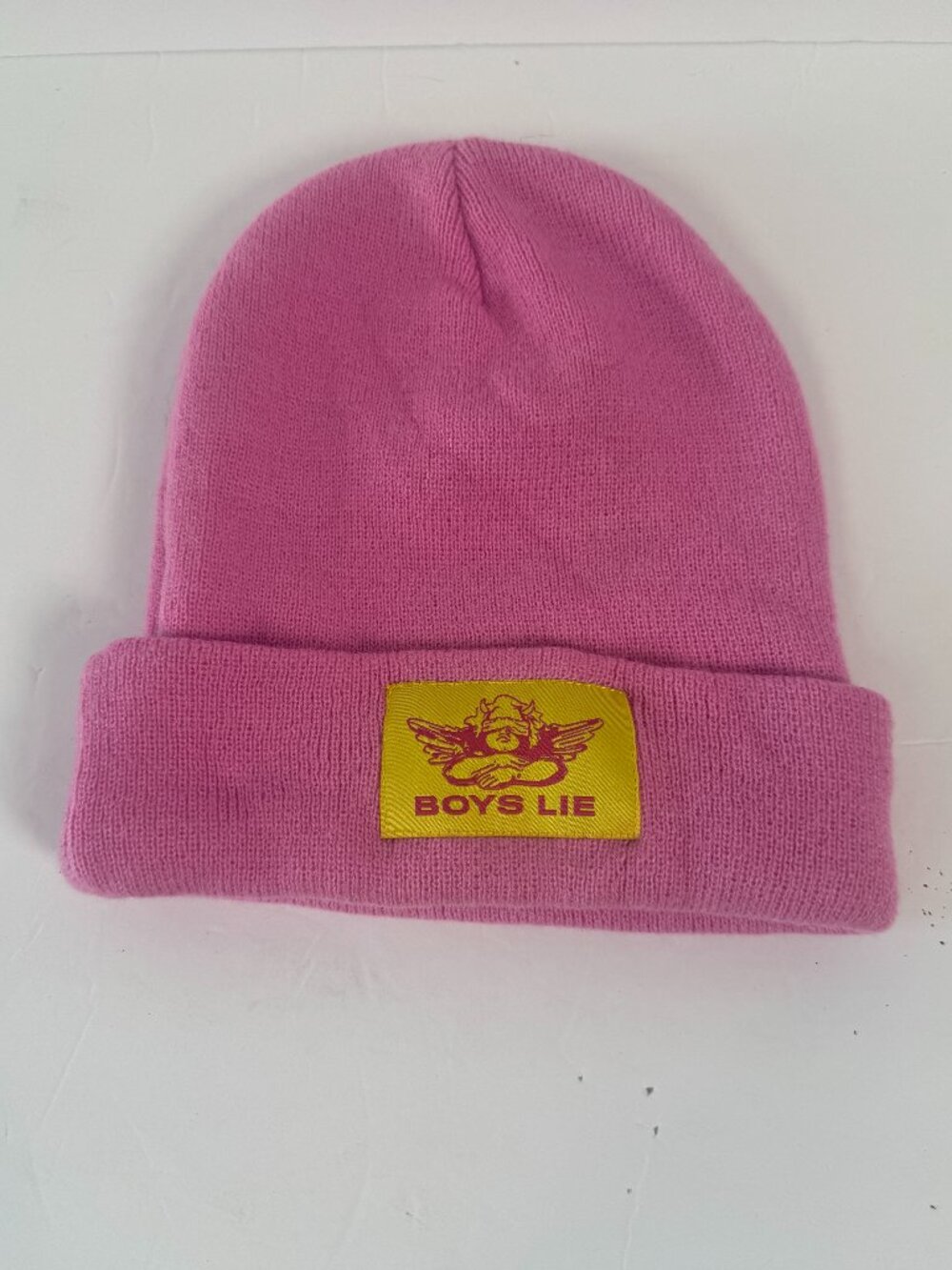 Boys Lie Pink Beanie Hat Yellow Angel Patch Cuffed Winter Knit Cap One Size OSO